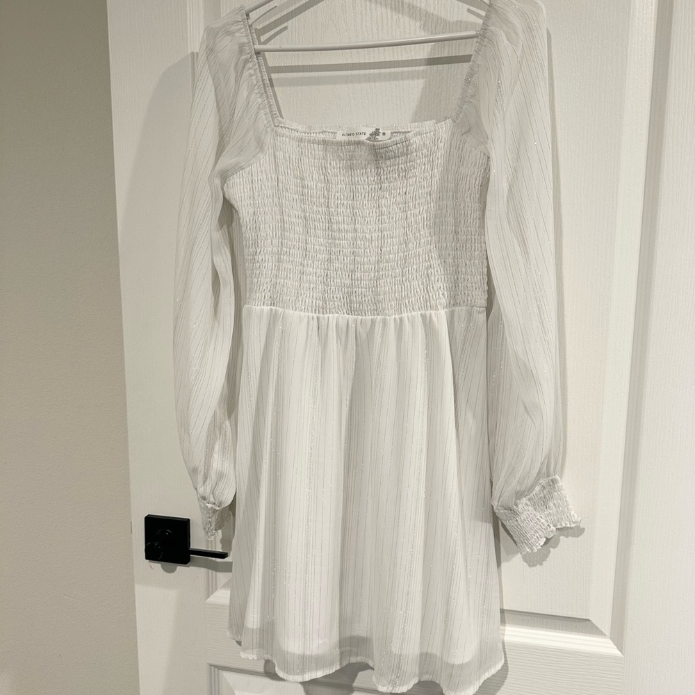 Altar’d State White Smocked Top Women's Baby Doll Style Dress with Silver Accent